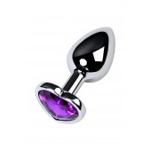Серебристая коническая анальная пробка с фиолетовым кристаллом-сердечком - 7 см. - ToyFa - купить с доставкой в Кургане