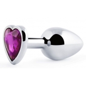 Серебристая анальная пробка с фиолетовым кристаллом-сердечком - 8 см. - Anal Jewelry Plug - купить с доставкой в Кургане