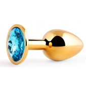 Золотистая анальная пробка с голубым стразом - 7,2 см. - Anal Jewelry Plug - купить с доставкой в Кургане