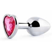 Серебристая анальная пробка с розовым кристаллом-сердечком - 7 см. - Anal Jewelry Plug - купить с доставкой в Кургане