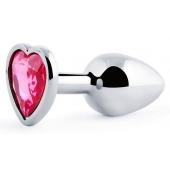 Серебристая анальная пробка с малиновым кристаллом-сердечком - 7 см. - Anal Jewelry Plug - купить с доставкой в Кургане