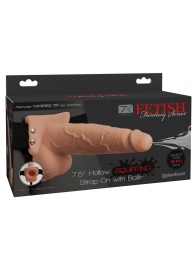 Телесный полый страпон с имитацией эякуляции 7.5  Hollow Squirting Strap-On with Balls Flesh - 21,6 см. - Pipedream - купить с доставкой в Кургане