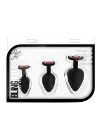 Набор черных анальных пробок с красным кристаллом-сердечком Bling Plugs Training Kit - Blush Novelties - купить с доставкой в Кургане