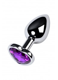 Серебристая коническая анальная пробка с фиолетовым кристаллом-сердечком - 7 см. - ToyFa - купить с доставкой в Кургане