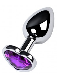 Серебристая коническая анальная пробка с фиолетовым кристаллом-сердечком - 7 см. - ToyFa - купить с доставкой в Кургане