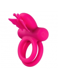 Розовое эрекционное виброкольцо Silicone Rechargeable Dual Butterfly Ring - California Exotic Novelties - в Кургане купить с доставкой