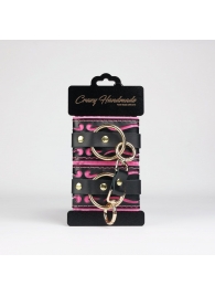 Черные кожаные наручники с розовой строчкой - Crazy Handmade - купить с доставкой в Кургане