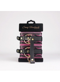 Черные кожаные оковы с розовой строчкой - Crazy Handmade - купить с доставкой в Кургане