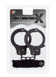 Чёрные наручники из листового металла в комплекте с веревкой BONDX METAL CUFFS LOVE ROPE SET - Dream Toys - купить с доставкой в Кургане