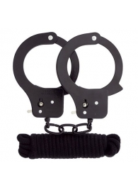 Чёрные наручники из листового металла в комплекте с веревкой BONDX METAL CUFFS LOVE ROPE SET - Dream Toys - купить с доставкой в Кургане