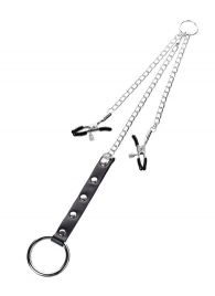 Серебристо-чёрные зажимы для сосков с кольцом для пениса TOYFA Metal - ToyFa - купить с доставкой в Кургане