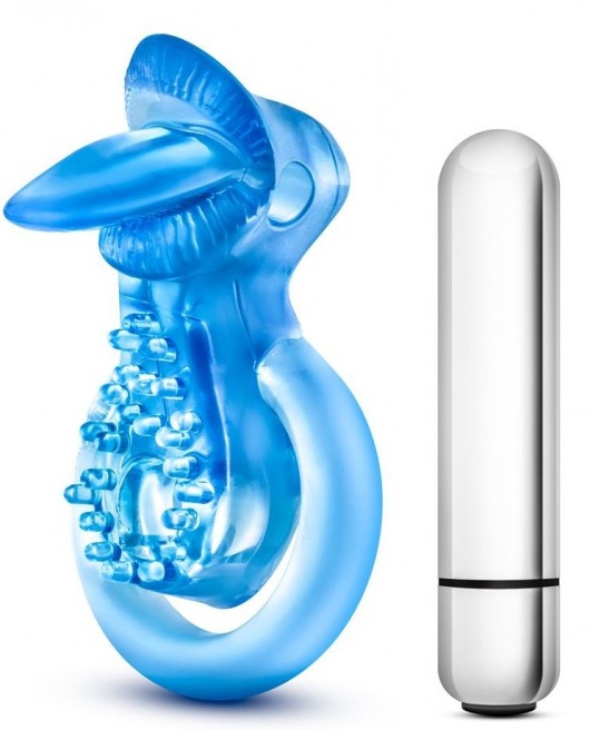 Голубое эрекционное виброкольцо 10 Function Vibrating Tongue Ring - Blush Novelties - в Кургане купить с доставкой