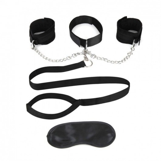 Чёрный ошейник с наручниками и поводком Collar Cuffs   Leash Set - Lux Fetish - купить с доставкой в Кургане