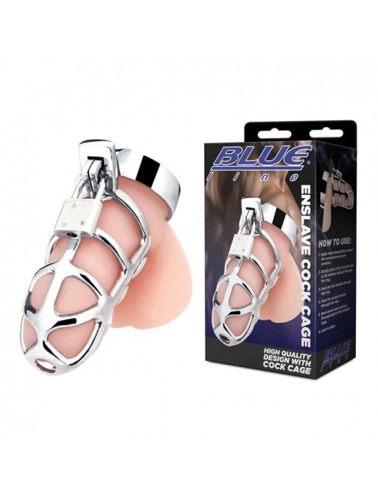 Серебристая металлическая клетка для члена с замком Enslave Cock Cage - BlueLine - купить с доставкой в Кургане