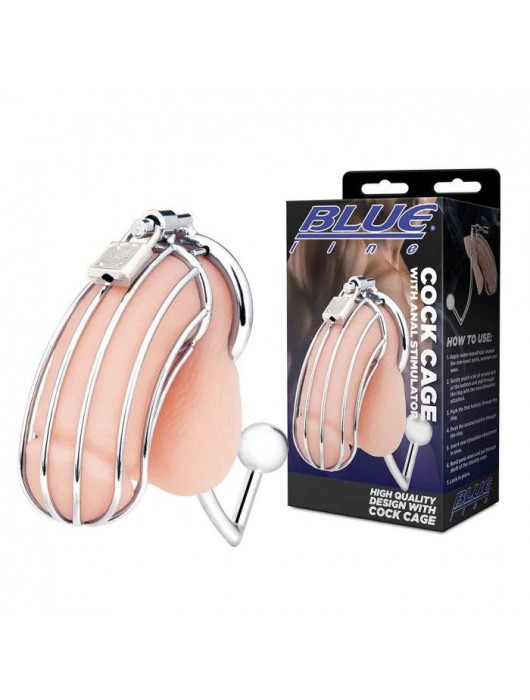 Серебристая металлическая клетка с анальным стимулятором Cock Cage - BlueLine - купить с доставкой в Кургане