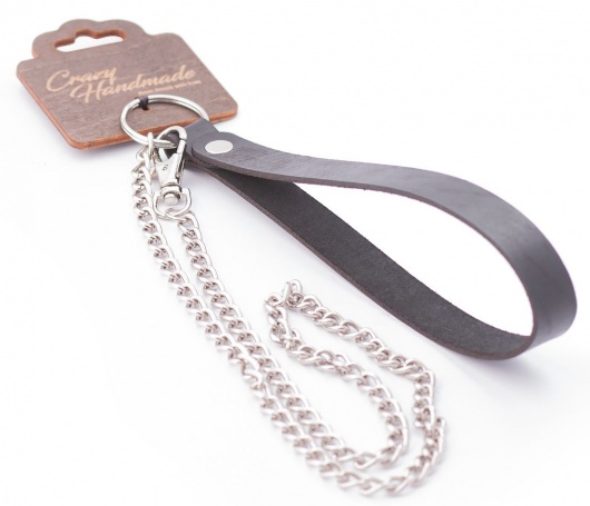 Серебристый металлический поводок с кожаной черной ручкой - 80 см. - Crazy Handmade - купить с доставкой в Кургане