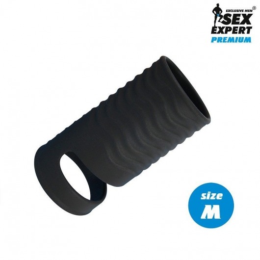Черная открытая насадка на пенис с кольцом для мошонки size M - 7,9 см. - Sex Expert - в Кургане купить с доставкой