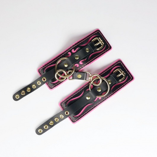 Черные кожаные наручники с розовой строчкой - Crazy Handmade - купить с доставкой в Кургане