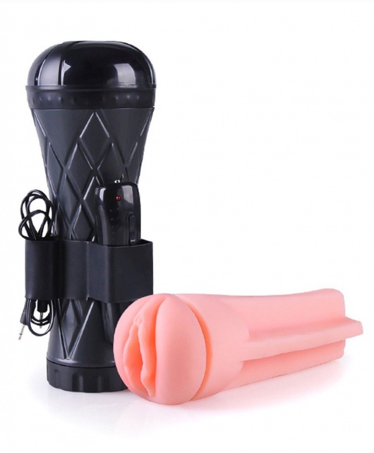Телесный мастурбатор-вагина в черной колбе с вибрацией - Boys of Toys - в Кургане купить с доставкой