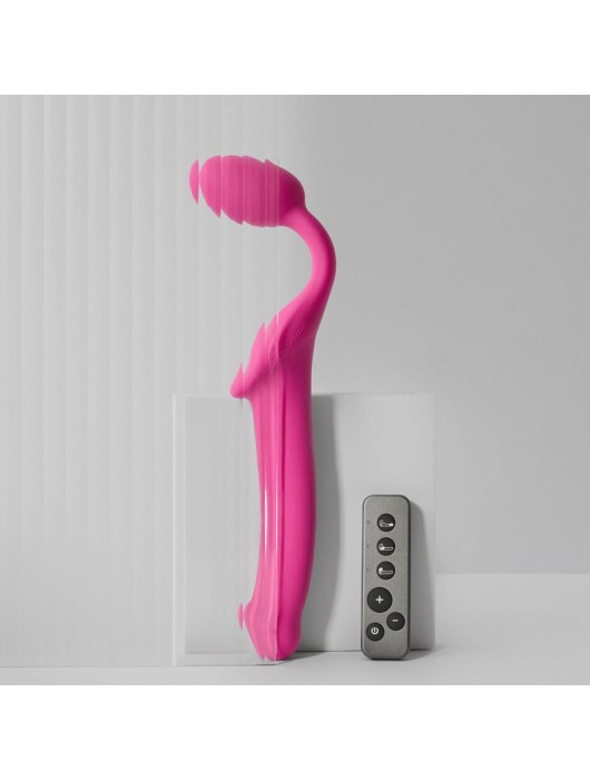 Ярко-розовый безремневой страпон Strap-on-me Vibrating Bendable Strap-On size M - Strap-on-me - купить с доставкой в Кургане