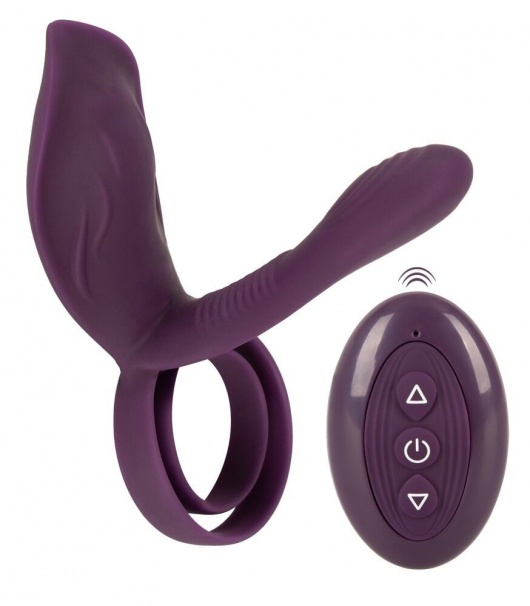 Фиолетовая насадка на член с клиторальным отростком и пультом ДУ RC Couple’s Vibrator 2 - Orion - в Кургане купить с доставкой