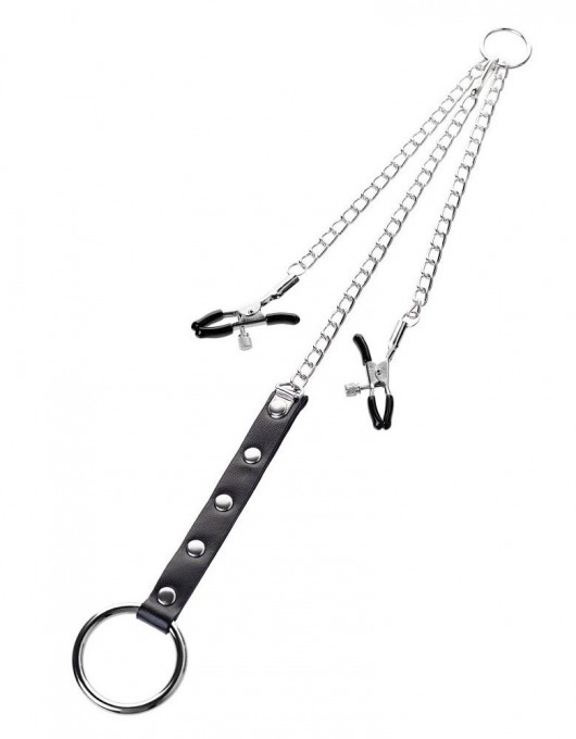 Серебристо-чёрные зажимы для сосков с кольцом для пениса TOYFA Metal - ToyFa - купить с доставкой в Кургане